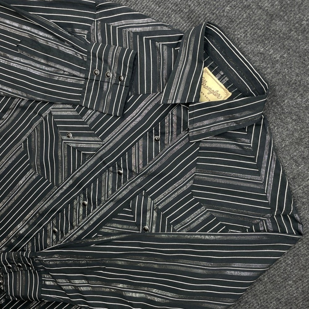 Wrangler Western Shirt Black Silver Metallic Stripe Pearl Snap Y2K Large